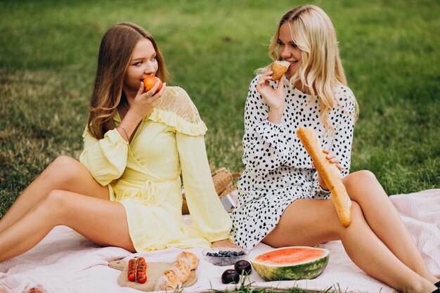 Two girls friends having picnic in park