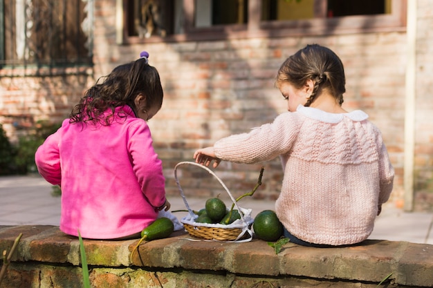 Two girls sitting with green avocados in the basket