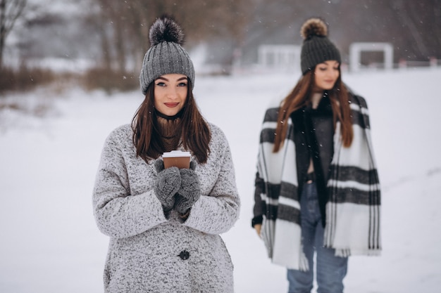 Two girls walking together in a winter park