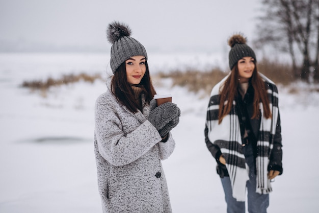 Two girls walking together in a winter park