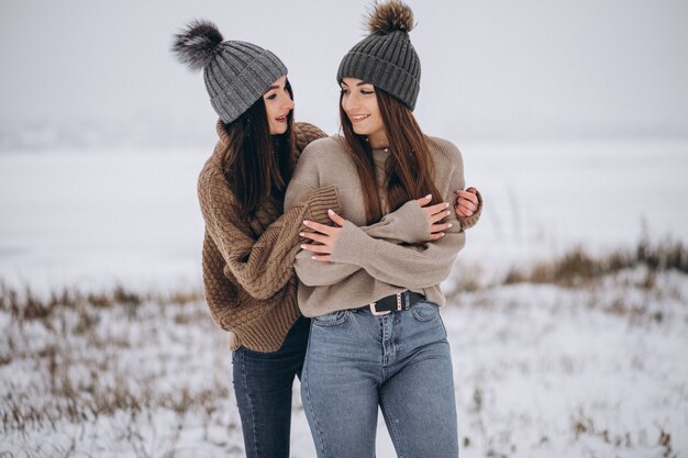 Two girls walking together in a winter park