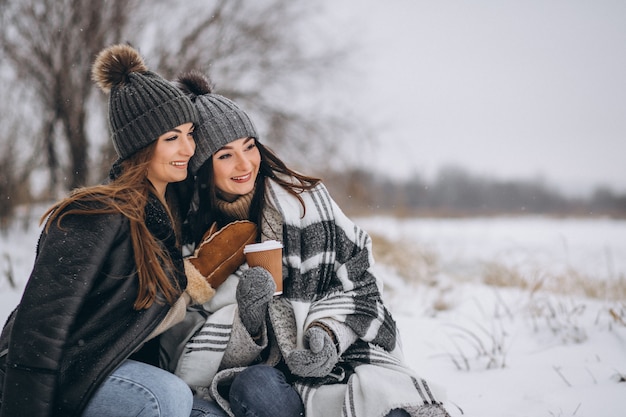 Two girls walking together in a winter park