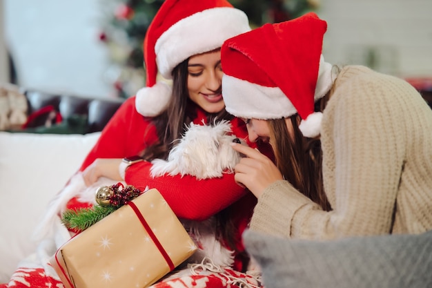 Two girls with a small dog are sitting on the couch on New Year's Eve. Friends together.