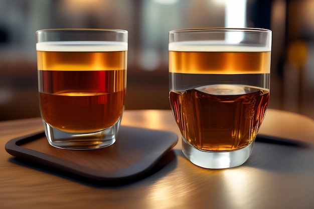 Two glasses of beer sit on a table with a glass of beer on it.