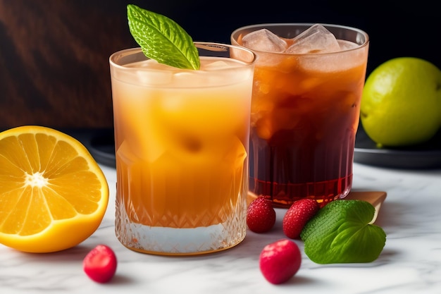 Two glasses of iced tea with lemons and mint on a marble counter.