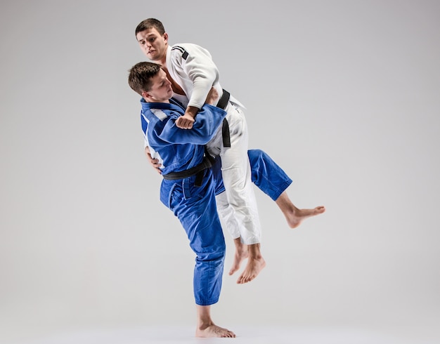 Free photo the two judokas fighters fighting men