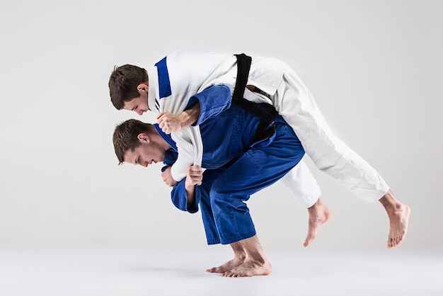 Free photo the two judokas fighters fighting men