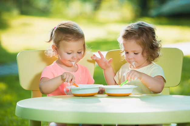 Free photo two little girls sitting at a table and eating together against green lawn