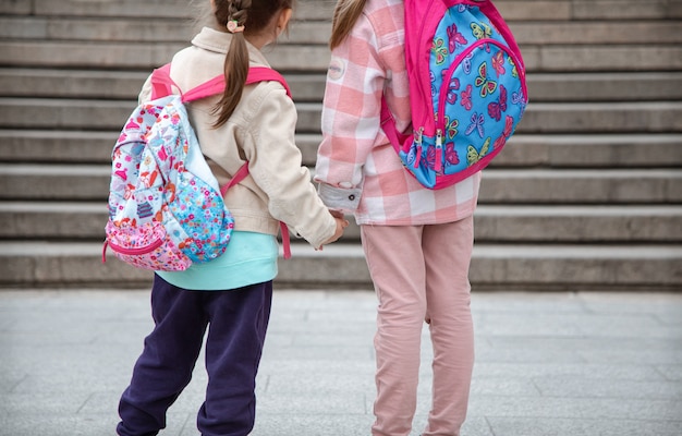 Free photo two little girls with beautiful backpacks on their backs go to school together hand in hand close up. childhood friendship concept.