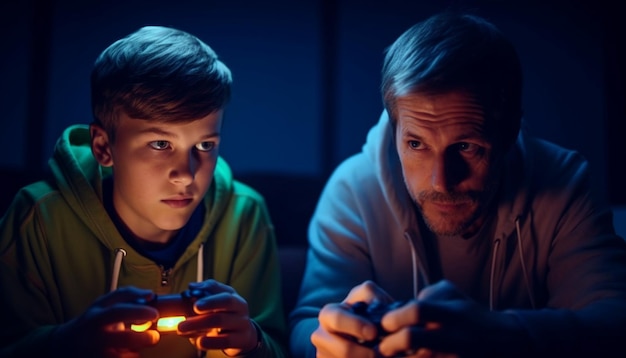 Free Photo two men bonding indoors playing video games generated by ai