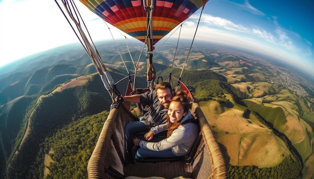 Two men flying high in hot air balloon generated by AI