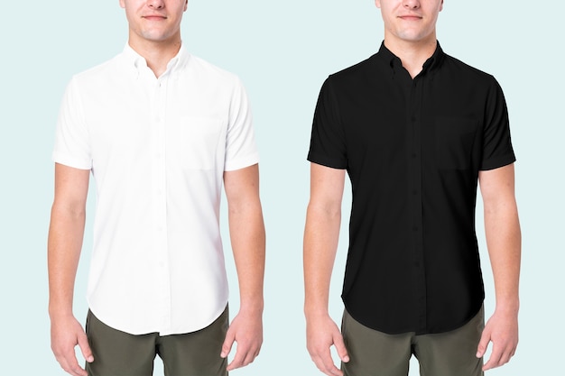 Two men wearing black and white shirt