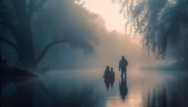 Two men and women standing backlit by dusk generated by AI