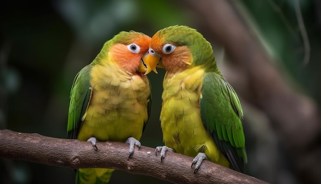 Free photo two parrots sitting on a branch, one of which is green and yellow.