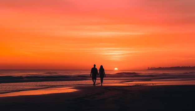 Free photo two people in love walking on beach generated by ai