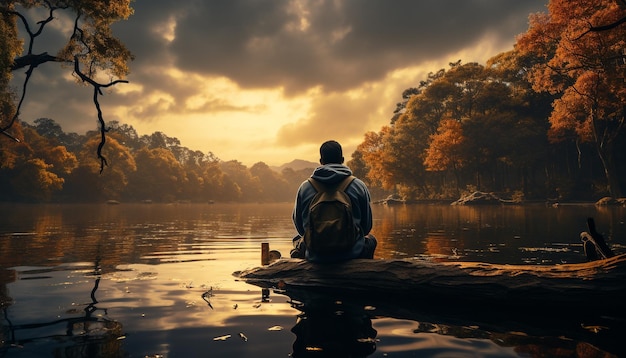 Two people sitting by a tranquil pond at sunset generated by artificial intelligence