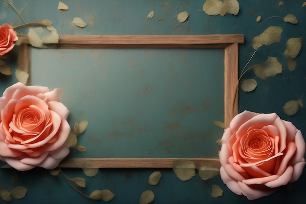 Free photo two pink roses on a wooden frame with a green background