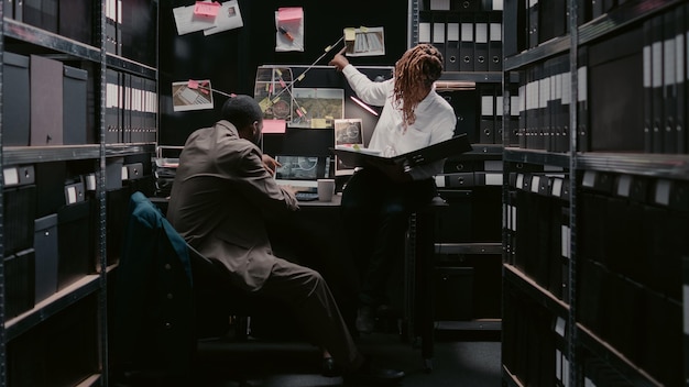 Free photo two police officers examining case files reports