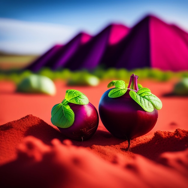 Free photo two pomegranates sit on a red sand with a purple pyramid in the background.