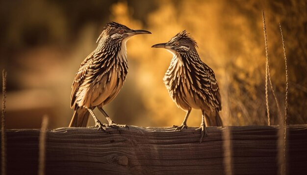 Two Starlings perching on branch selective focus generated by AI