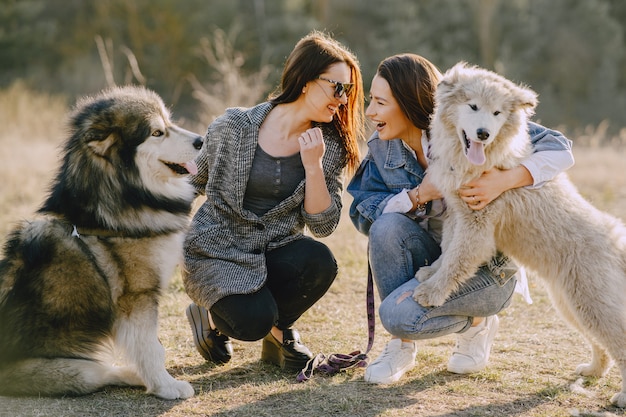 Two stylish girls in a sunny field with dogs