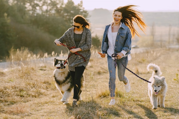 Two stylish girls in a sunny field with dogs