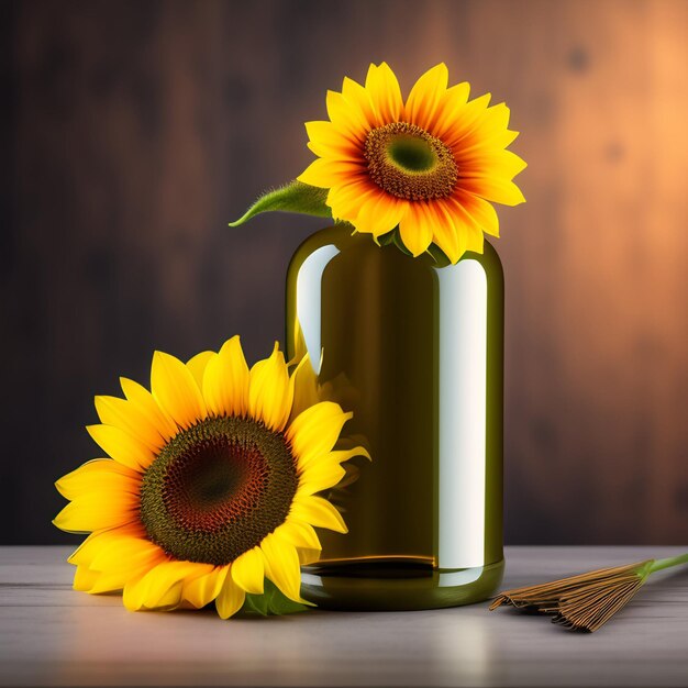 Two sunflowers are in a glass bottle with a twig next to them.