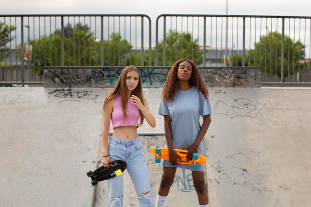 Two teenage girls spending time together in the park at the skating rink