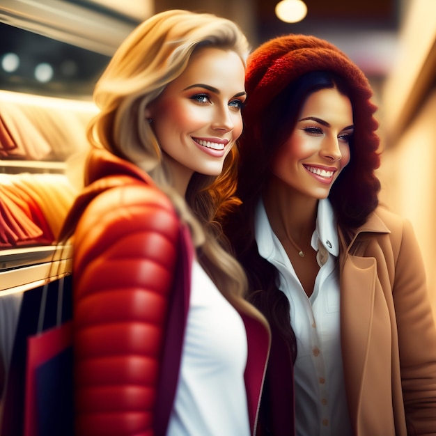 Free Photo two women are standing in a store and one is wearing a red jacket