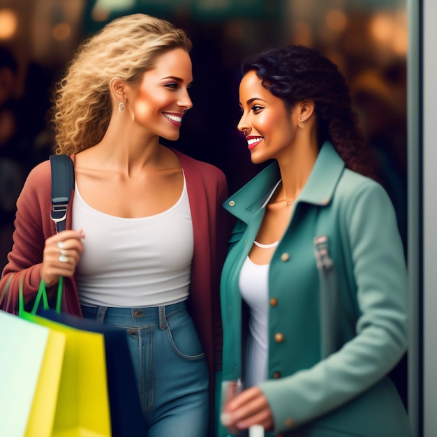 Two women are walking together, one of them has a green jacket and the other has a white shirt.