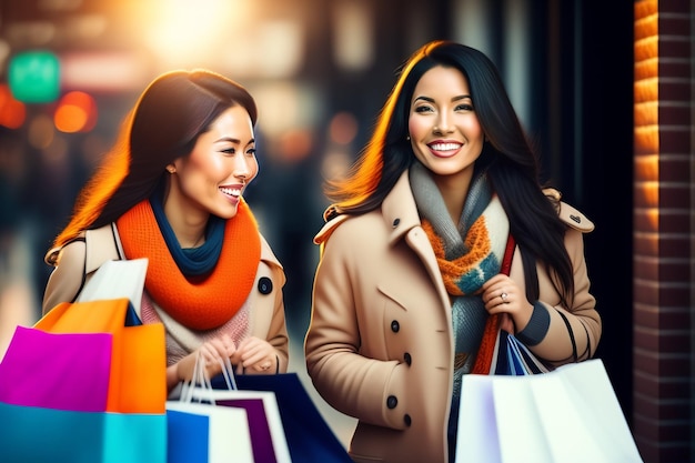 Two women carrying shopping bags on a city street