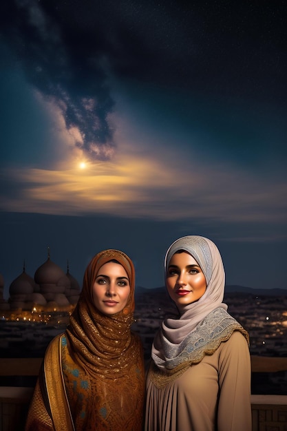 Two women in hijab stand in front of a night sky with the moon in the background.