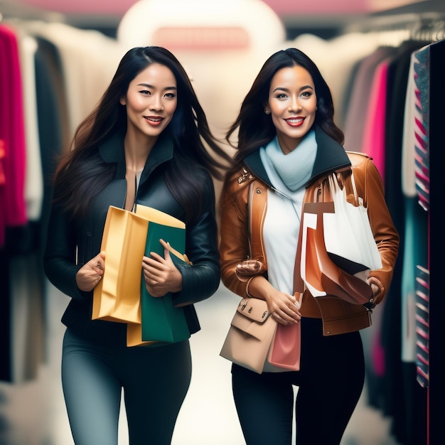 Two women walking in a store, one of them is wearing a leather jacket.