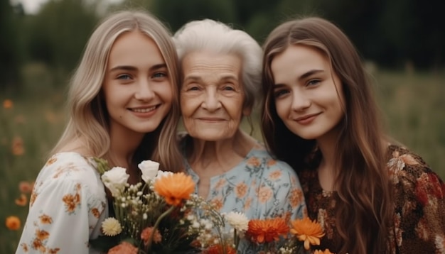 Two women with flowers in front of them, one of them is holding a bouquet of flowers.