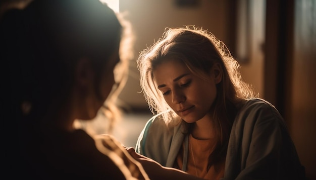 Two young women bonding indoors enjoying relaxation generated by AI