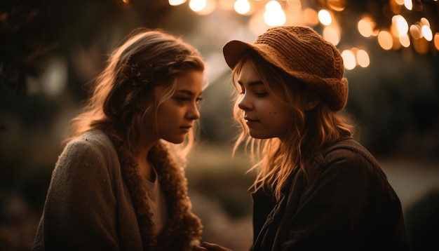 Free photo two young women embracing in warm clothing outdoors generated by ai