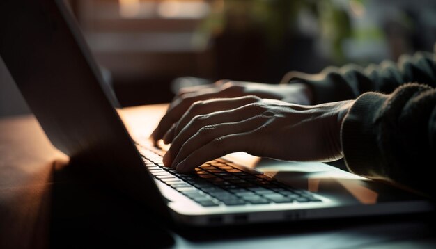 Typing an e mail at the office desk generated by AI