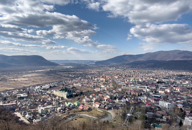 Ukrainian town near mountains landscape in the sunny day