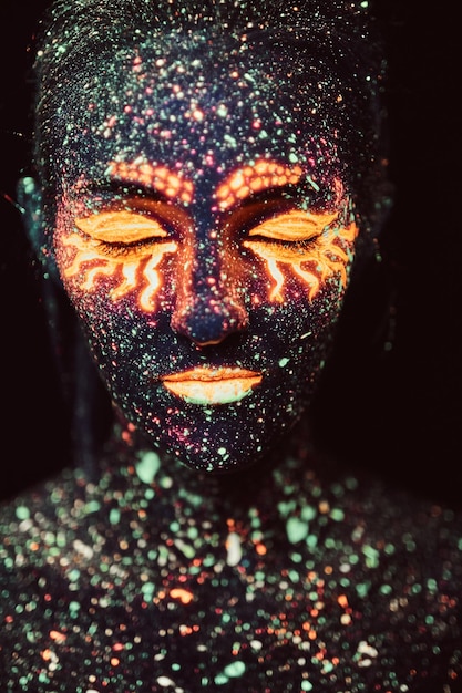 Free Photo ultraviolet make-up. portrait of a girl painted in fluorescent powder. halloween concept.