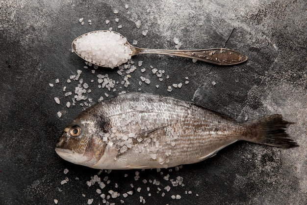 Uncooked seafood fish ad spoon with sea salt