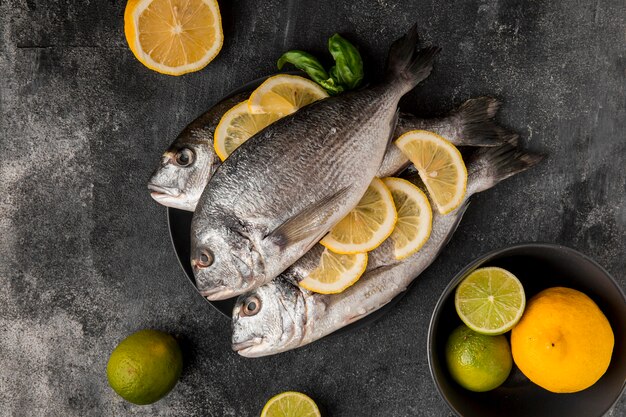 Uncooked seafood fish with slices of lemon top view