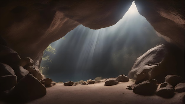 Free photo underwater cave with light rays coming from the hole in the wall