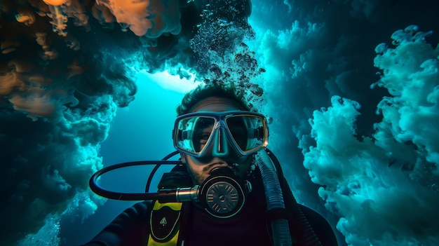 Free photo underwater portrait of scuba diver exploring the sea world