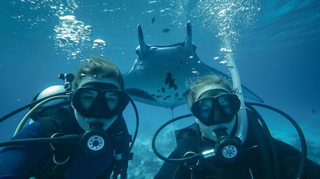 Free Photo underwater portrait of scuba diver exploring the sea world