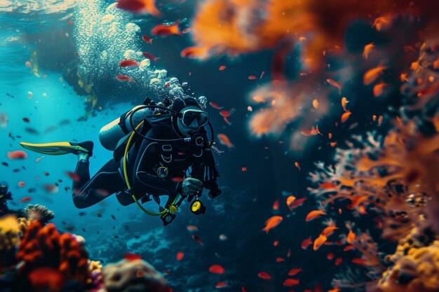 Underwater portrait of scuba diver exploring the sea world