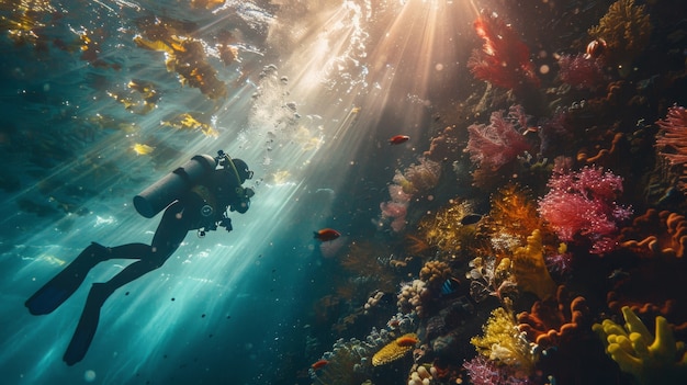 Free photo underwater portrait of scuba diver exploring the sea world