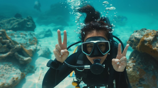 Free photo underwater portrait of scuba diver exploring the sea world