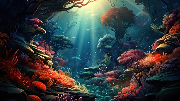 Underwater scene with marine life in cartoon style