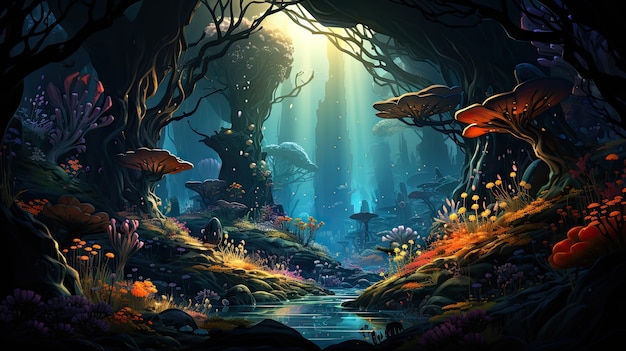 Underwater scene with marine life in cartoon style