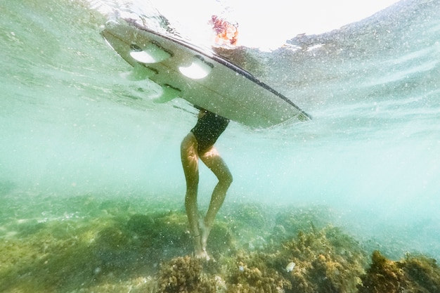 Free photo underwater shot of woman with surfboard